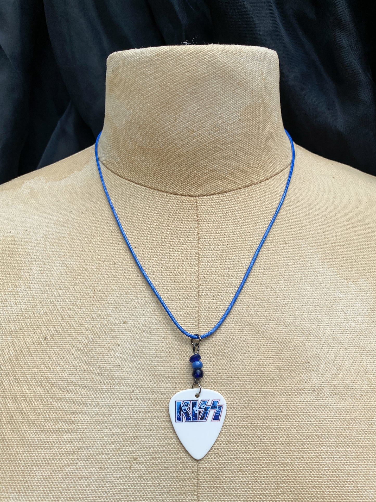 Retro 70s 80s Style Kiss Guitar Pick Necklace - Handmade Rock Band Jewelry - Blue Cord