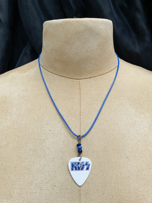 Retro 70s 80s Style Kiss Guitar Pick Necklace - Handmade Rock Band Jewelry - Blue Cord