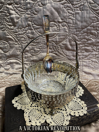 Victorian Style Silver Plated Condiment Caddy with Pressed Glass Insert and Serving Spoon