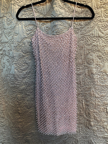 Pink/Mauve Pearl Embellished Mini Dress - Spaghetti Straps, Faux Pearl Lattice - Glam Cocktail Party - XS