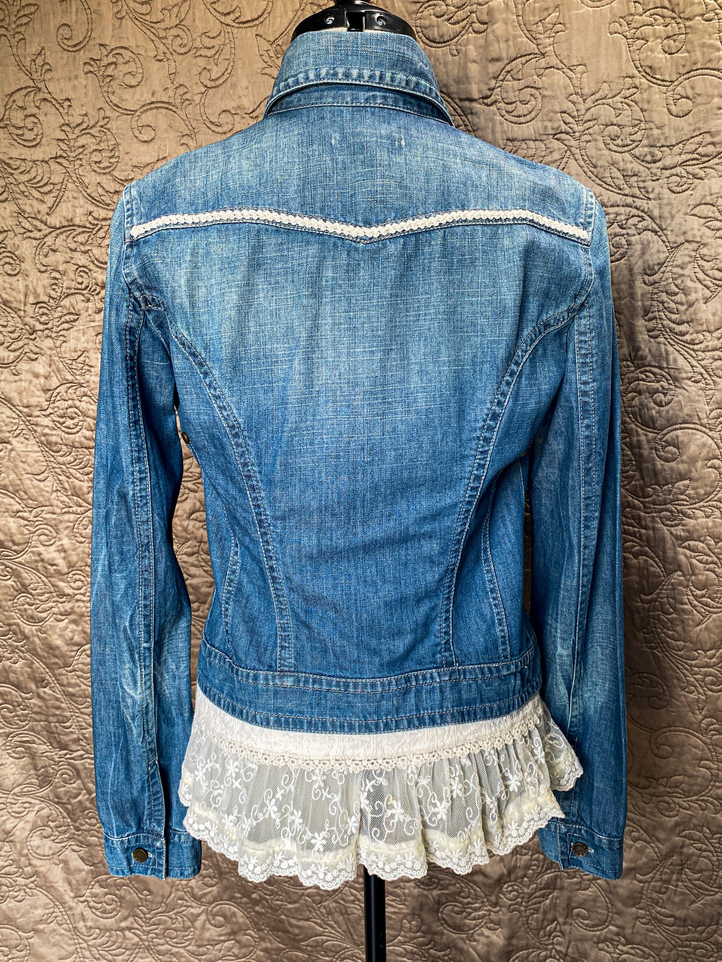 Denim Upcycled Jacket with Lace Trim - Boho Shabby Chic - Size Small - Vintage Style - Cropped Fit - Hand Embellished