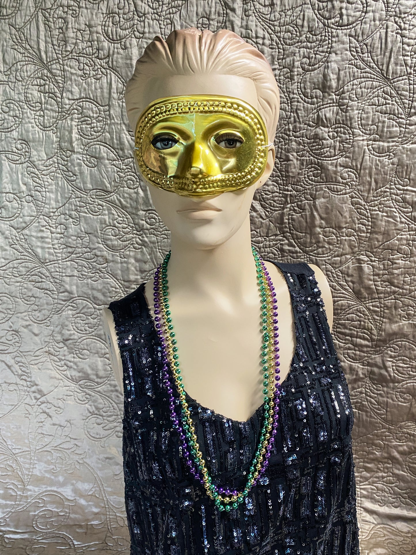 Gold Metallic Masquerade Mask, Purple Green Gold Plastic Beaded Necklaces, Festive Carnival Doubloons, Retro Style Mardi Gras Party Set