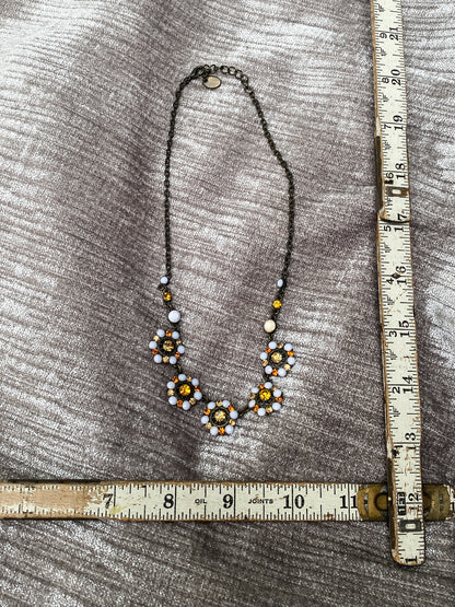 Vintage Brass Tone Flower Necklace - White And Amber Rhinestone Floral Statement Choker, Quirky Retro Style