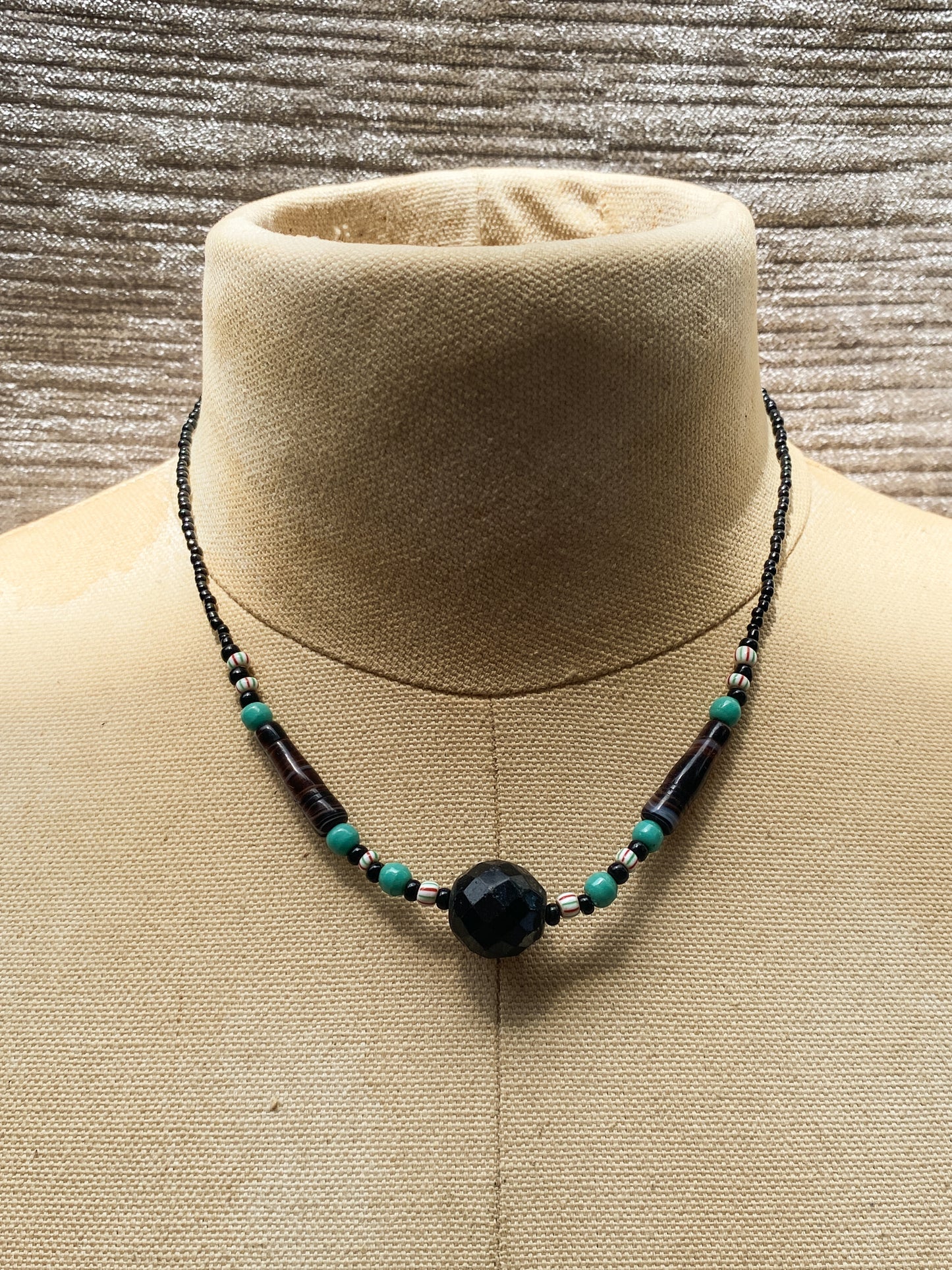 Vintage Bead Necklace - Black, Turquoise, Red, and White - Funky Retro Artisan Style