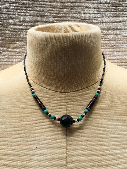 Vintage Bead Necklace - Black, Turquoise, Red, and White - Funky Retro Artisan Style