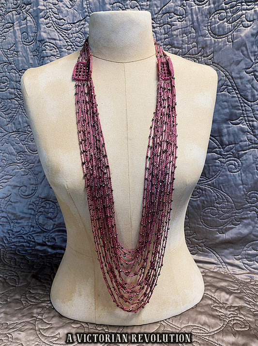 Vintage 90s Berry Pink Crochet Seed Bead Waterfall Necklace - Art Nouveau