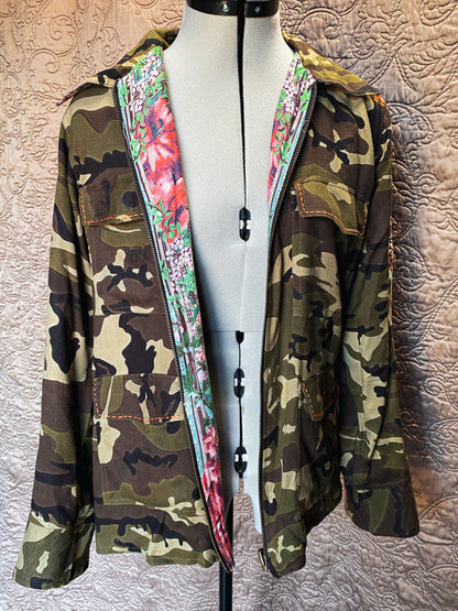 Green and Brown Reversible Zip-Up Johnny Was Jacket - Camo + Floral Embroidered Sleeve Shirt - Size Medium
