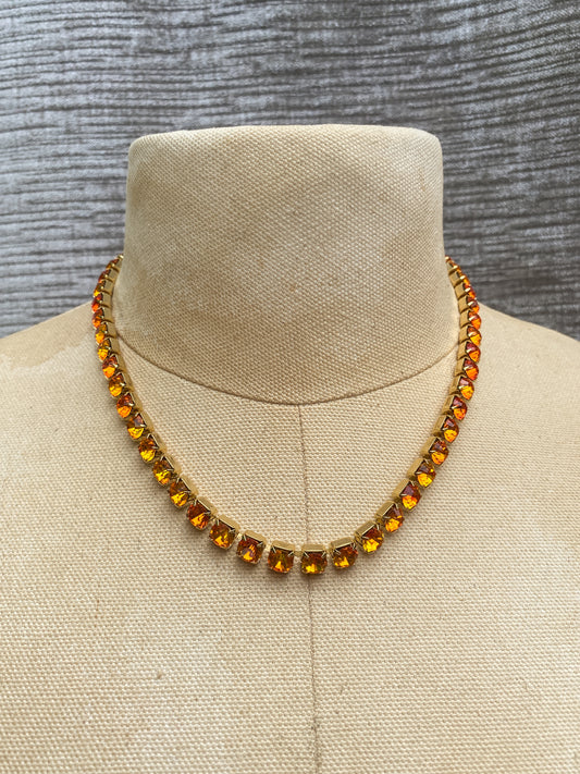 Tangerine Orange Rhinestone Tennis Necklace And Matching Stud Earring Set - Retro Style Costume Jewelry - Sunset Gold Ton