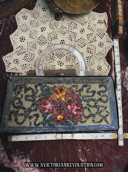 Vintage 1950s Beaded Floral Mesh Handbag with Lucite Handle