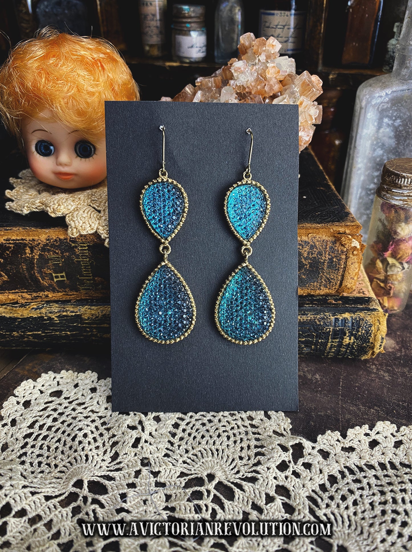 Teal Blue Pave Teardrop Double Drop Earrings - Gold Beaded Trim - Vintage Style - Handmade - Used