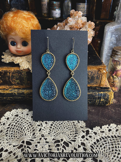 Teal Blue Pave Teardrop Double Drop Earrings - Gold Beaded Trim - Vintage Style - Handmade - Used