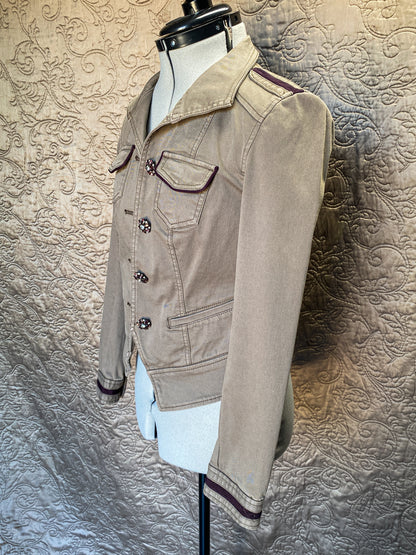 Utility Jacket, Military Style, Size Zero - XS, Embellished Crystal Buttons - Burgundy Trim - Cotton Cargo Jacket - White House Black Market