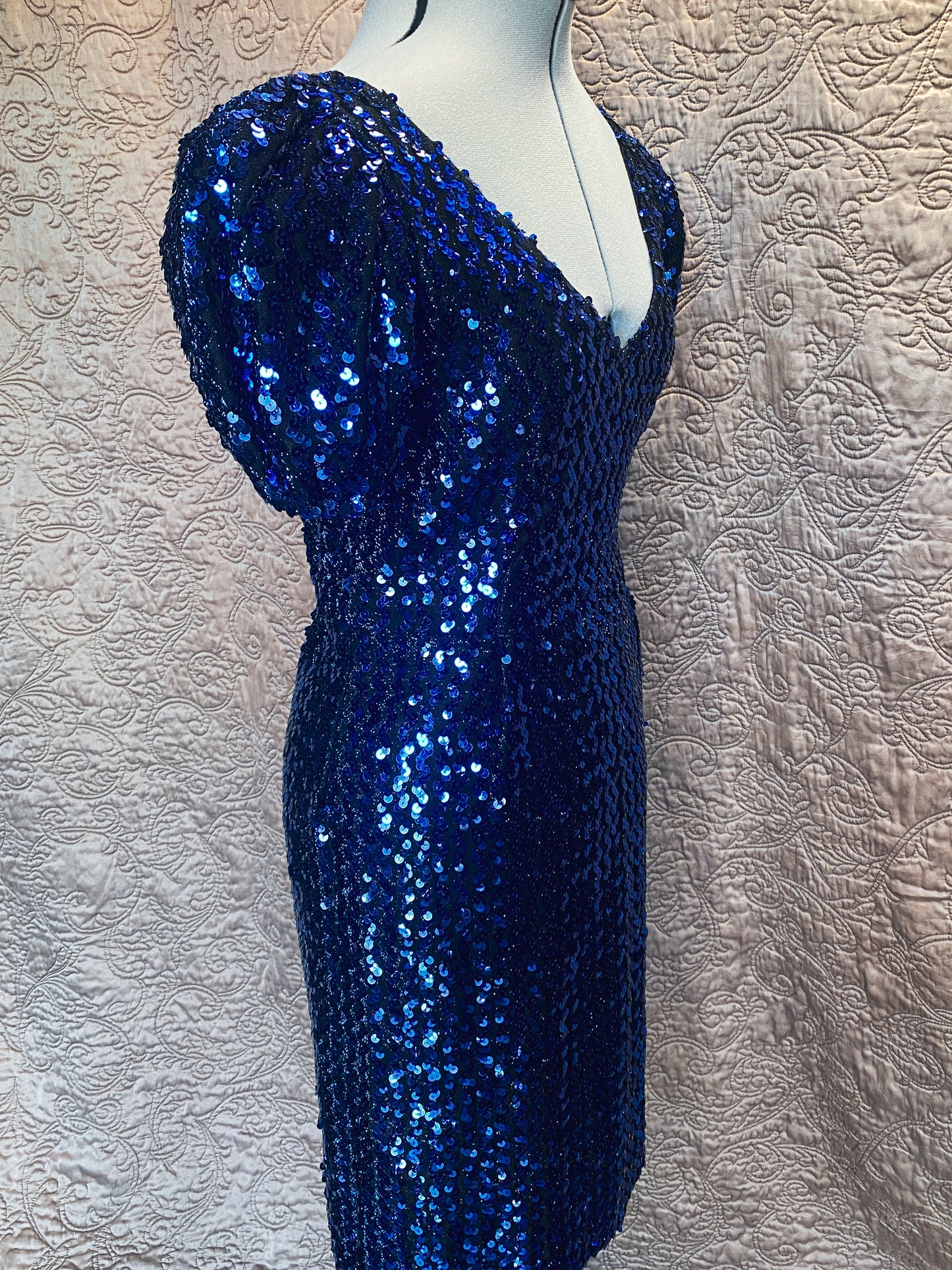 Royal Blue Sequin Mini Prom Dress - Puff Sleeve V-Neck - Retro/Vintage Party Dress - Small