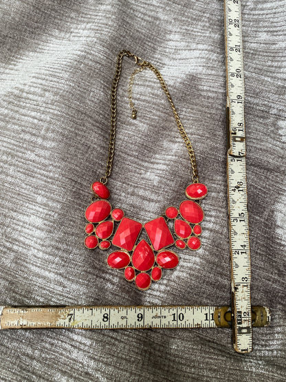 Poppy Red Geometric Faceted Bib Necklace, Retro Style Chunky Statement Jewelry