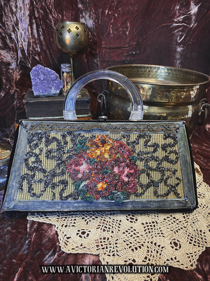 Vintage 1950s Beaded Floral Mesh Handbag with Lucite Handle