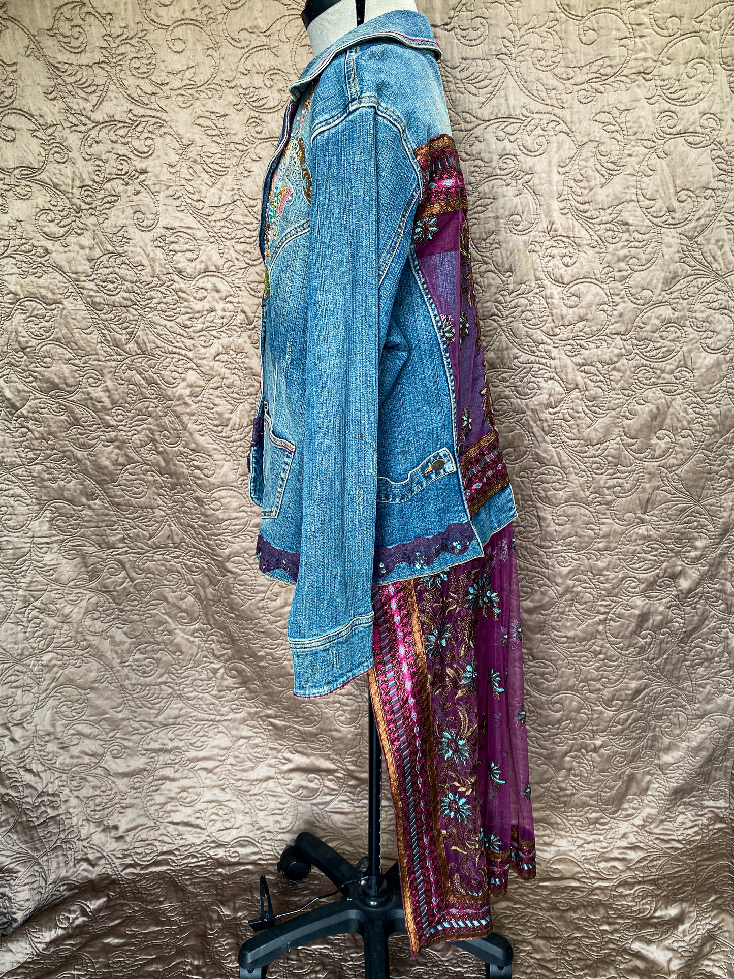 Blue + Purple Upcycled Denim Jacket with Sheer Embroidered Skirt - Boho Chic Artisan Wear - Plus Size 18/20 - Embellished - One-of-a-Kind - Floral Embroidery + Lace Trim