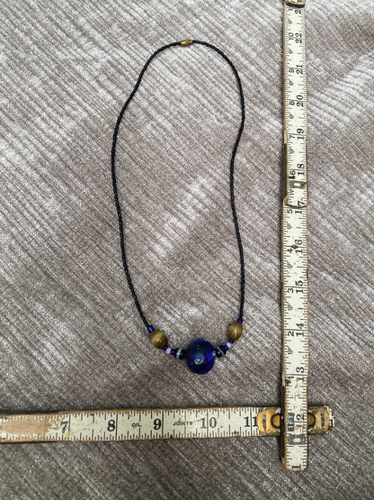 Blue Clay Bead Necklace - Patterned Focal Piece, Black Seed Beads, Retro Style Jewelry