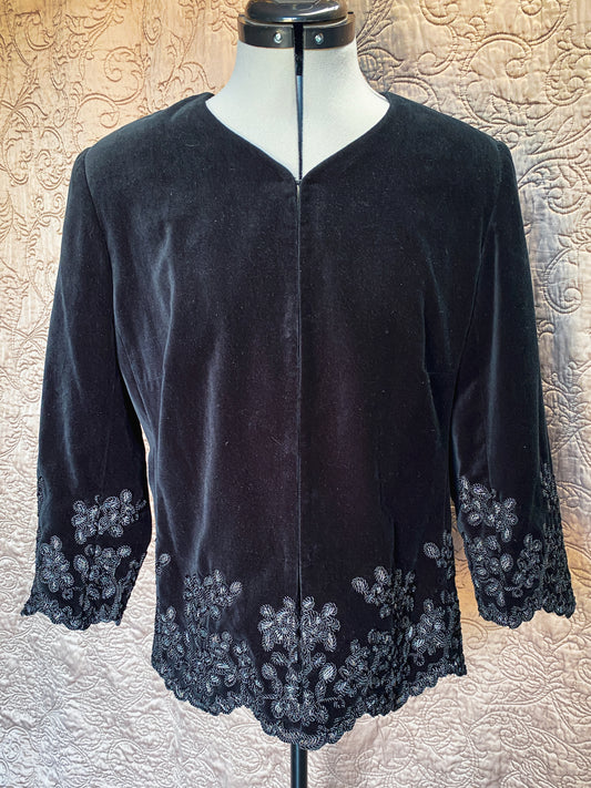Peter Nygard Black Velvet Evening Jacket - Embroidered Hem, Floral Trim - Formal, Elegant - Size 12