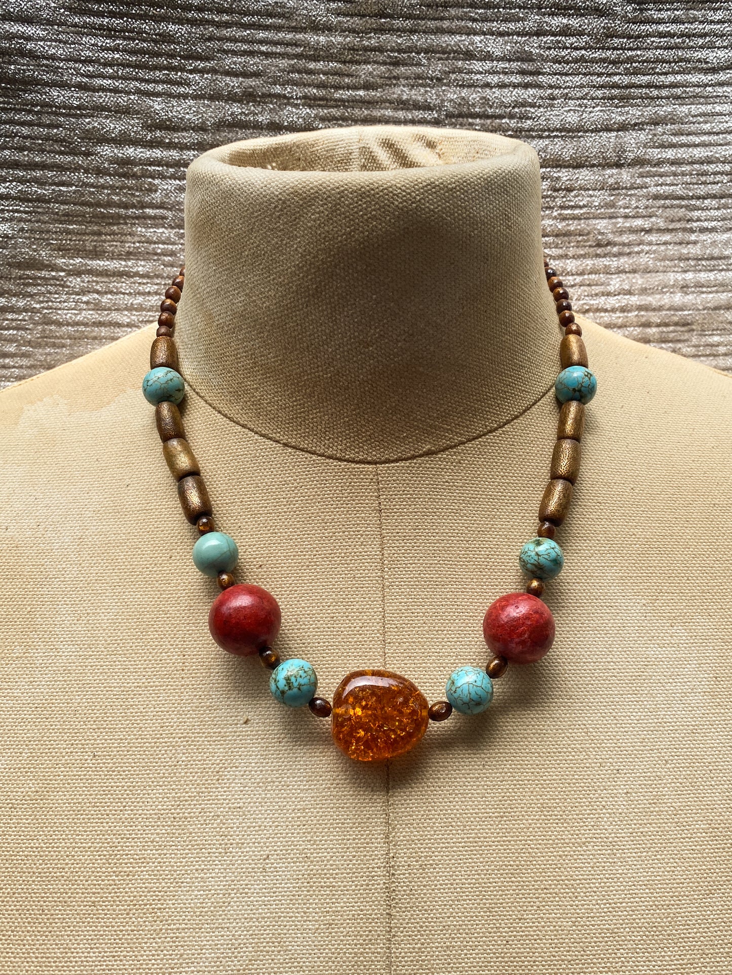 Vintage Chunky Wood with Amber and Turquoise Accents - Statement Necklace - Retro Earthy Boho Jewelry, Brown And Blue Beadwork