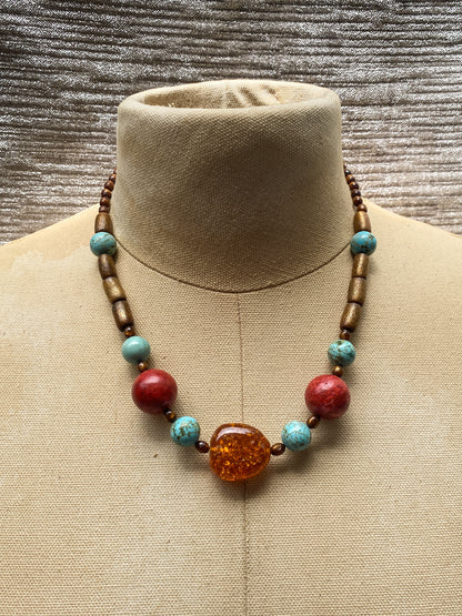 Vintage Chunky Wood with Amber and Turquoise Accents - Statement Necklace - Retro Earthy Boho Jewelry, Brown And Blue Beadwork