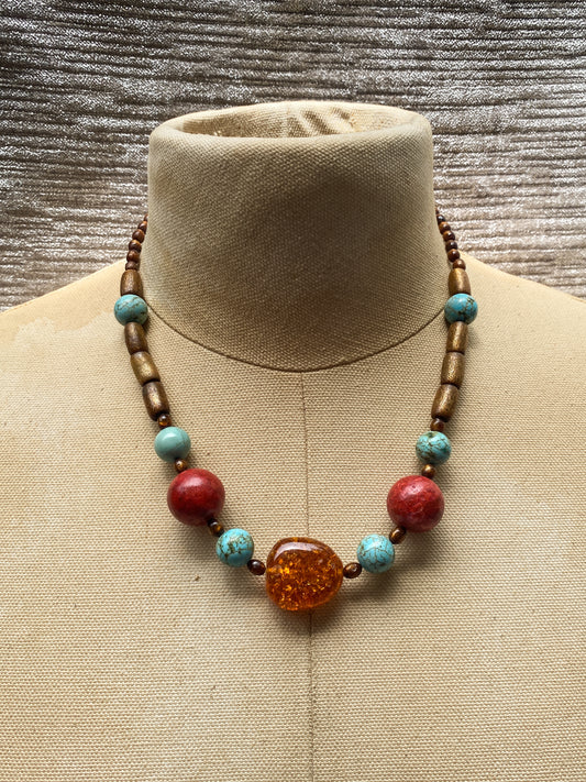 Vintage Chunky Wood with Amber and Turquoise Accents - Statement Necklace - Retro Earthy Boho Jewelry, Brown And Blue Beadwork