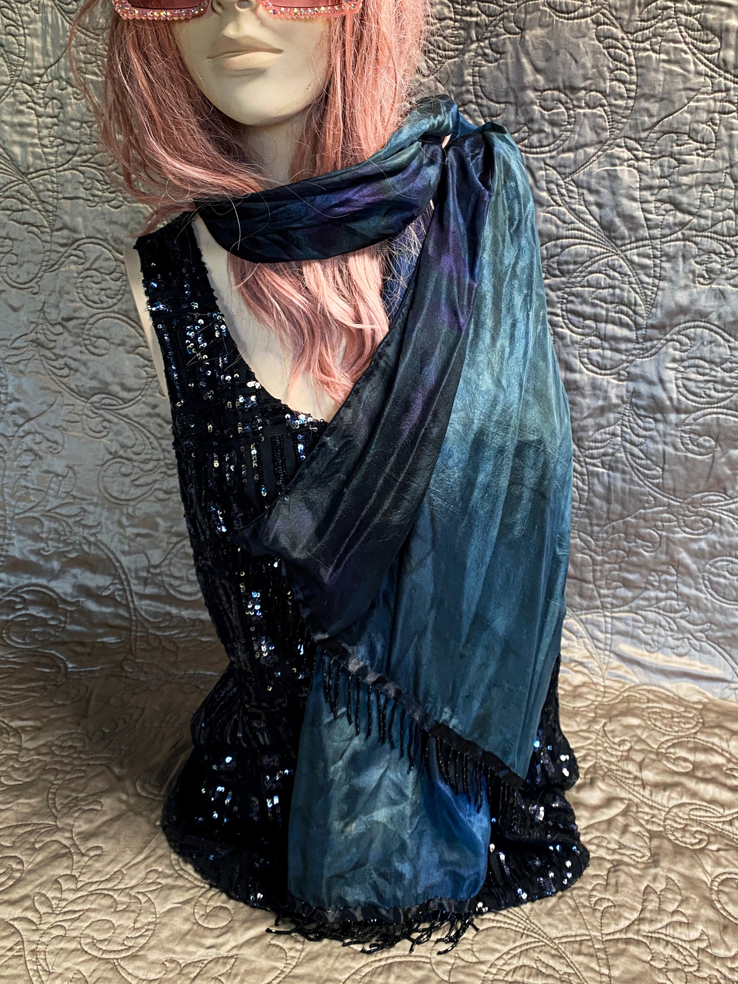 Blue, Purple And Teal Iridescent Dyed Scarf - Black Beaded Fringe - Bohemian Shawl Wrap