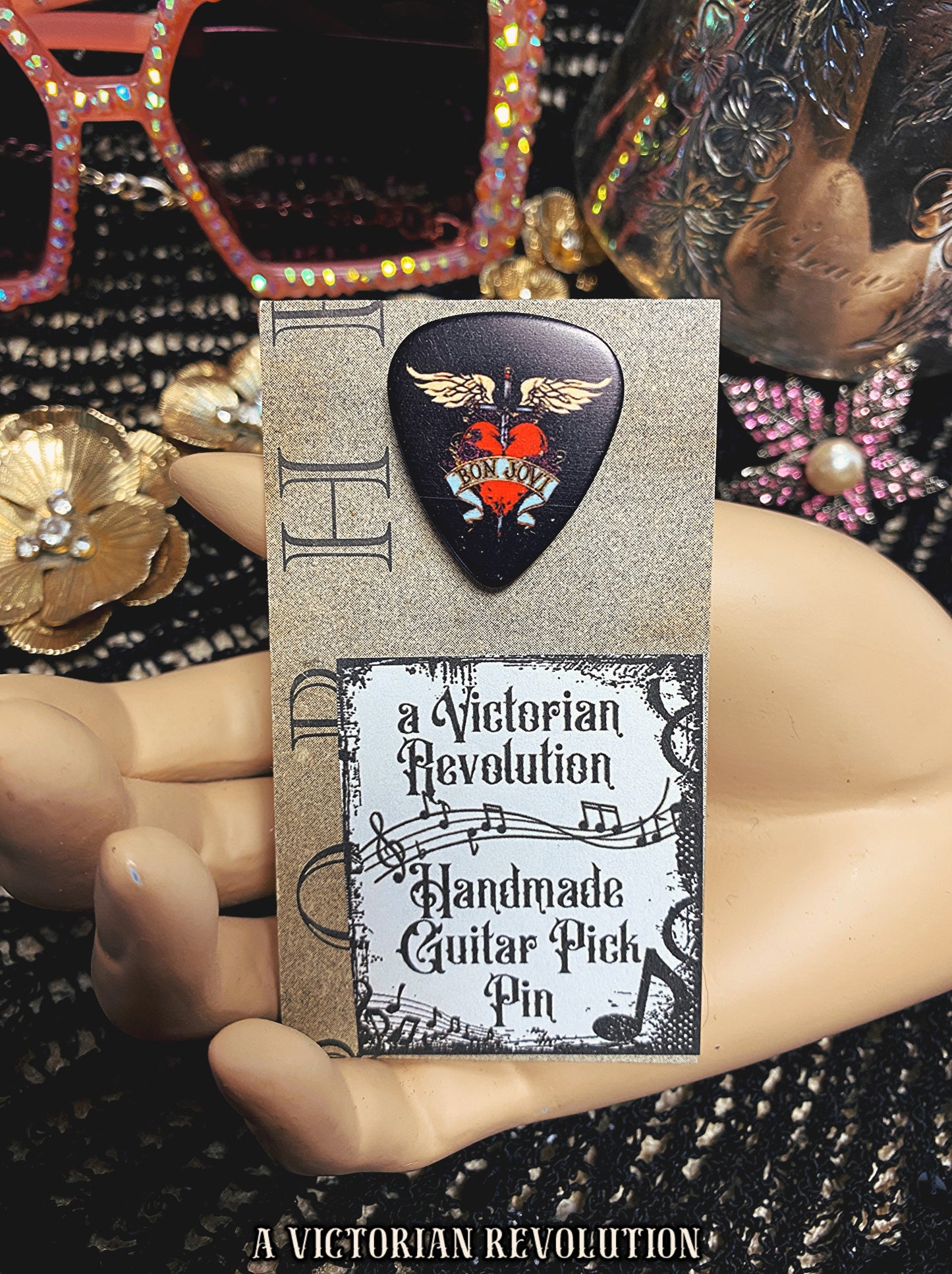 Handmade Bon Jovi Guitar Pick Pin - Upcycled Music Fan Gift - Heart and Dagger Winged Logo Jewelry - Unique Musician Lapel Accessory