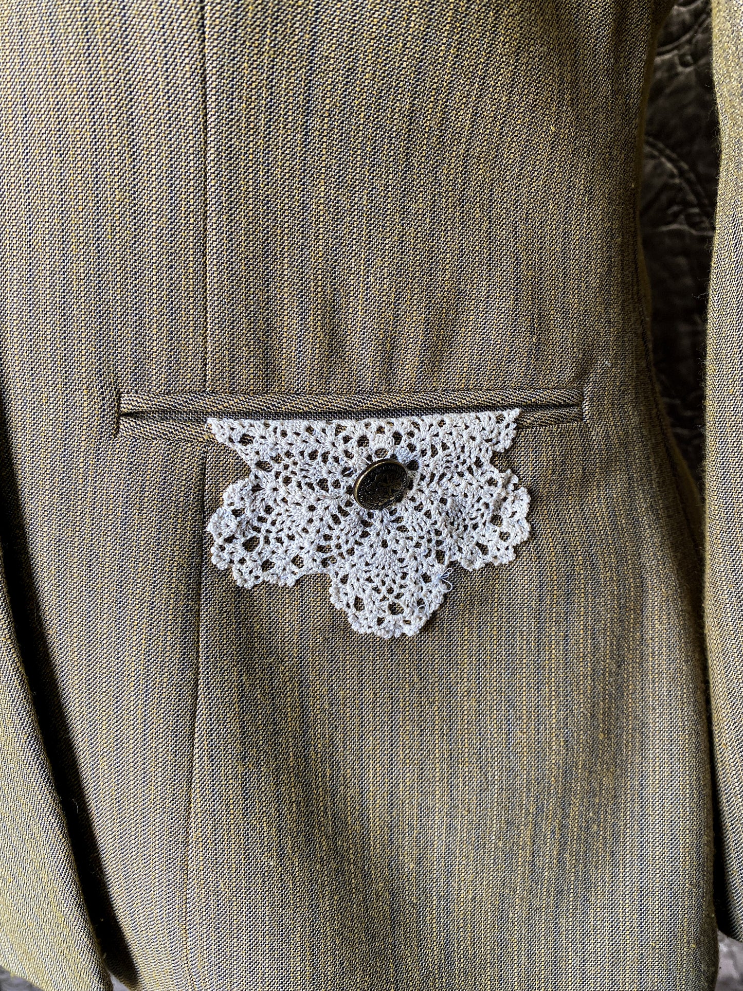 Tan Pinstripe Blazer - Handmade Upcycled Crochet Lace Victorian Steampunk Jacket - Size Small