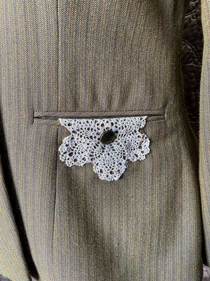 Tan Pinstripe Blazer - Handmade Upcycled Crochet Lace Victorian Steampunk Jacket - Size Small