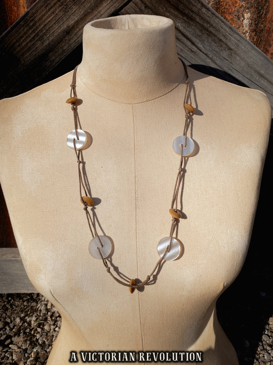 White and Brown, Knotted Cord Necklace, 1990s, Earthy Boho, Long Layering Necklace - Vintage