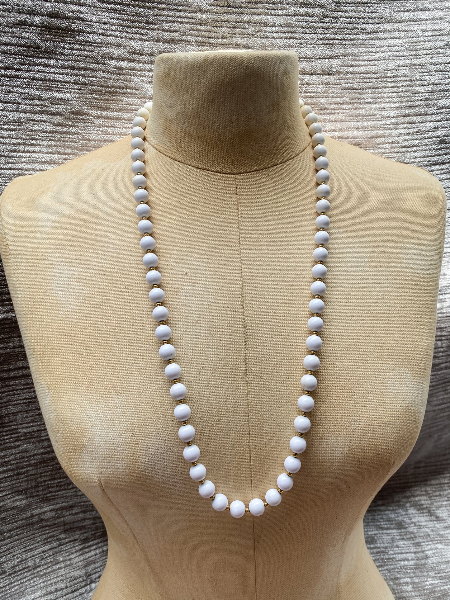 Vintage White Bead Necklace - Retro Long Strand - Quirky Mod Jewelry