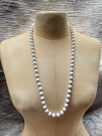 Vintage White Bead Necklace - Retro Long Strand - Quirky Mod Jewelry