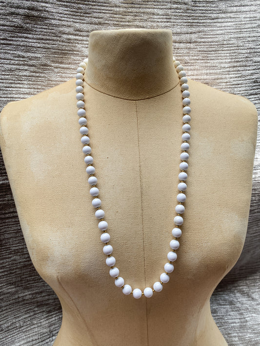 Vintage White Bead Necklace - Retro Long Strand - Quirky Mod Jewelry