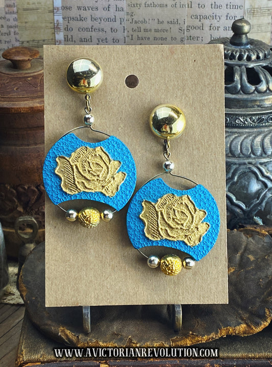 Blue and Gold Dangle Earrings - Vintage Style - Gold Tone Floral Accents - Used