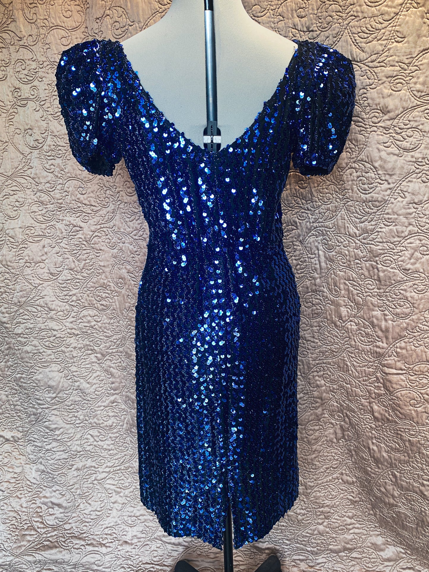 Royal Blue Sequin Mini Prom Dress - Puff Sleeve V-Neck - Retro/Vintage Party Dress - Small