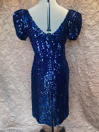Royal Blue Sequin Mini Prom Dress - Puff Sleeve V-Neck - Retro/Vintage Party Dress - Small