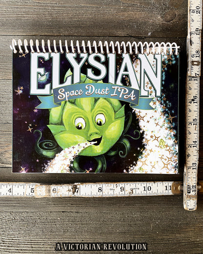 Handmade Upcycled Elysian Space Dust IPA Beer Box Spiral Notebook Journal – Recycled Craft Beer Label Stationery – Unique Gift for Beer Lovers and Homebrewers – Eco-Friendly