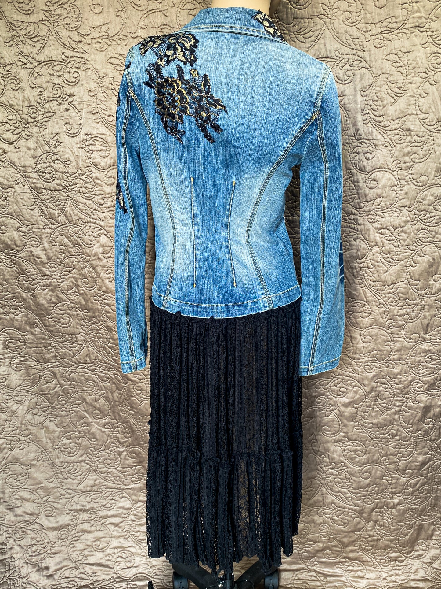 Denim Jacket with Black Lace Appliques and Long Black Lace Skirt XS