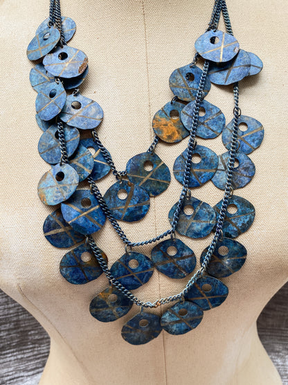 Blue Verdigris Triple Strand Necklace - Vintage Etched Geometric Discs - Funky Retro Artisan Jewelry