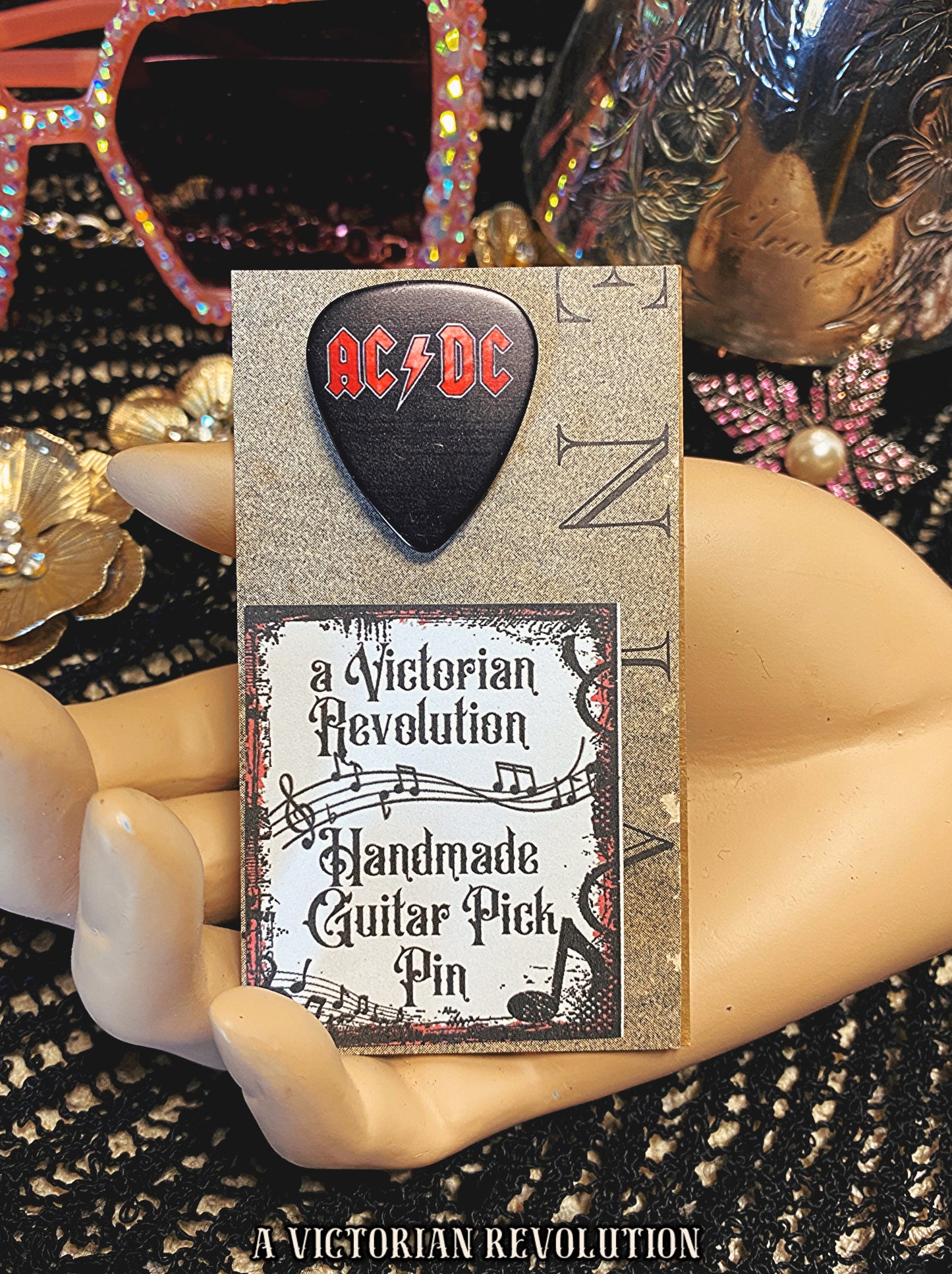 Handmade AC/DC Guitar Pick Pin - Upcycled Real Musical Accessory - Rock & Roll Lapel Jewelry - Handcrafted Band Merchandise - Unique Music Lover Gift