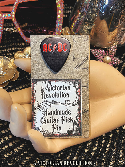 Handmade AC/DC Guitar Pick Pin - Upcycled Real Musical Accessory - Rock & Roll Lapel Jewelry - Handcrafted Band Merchandise - Unique Music Lover Gift