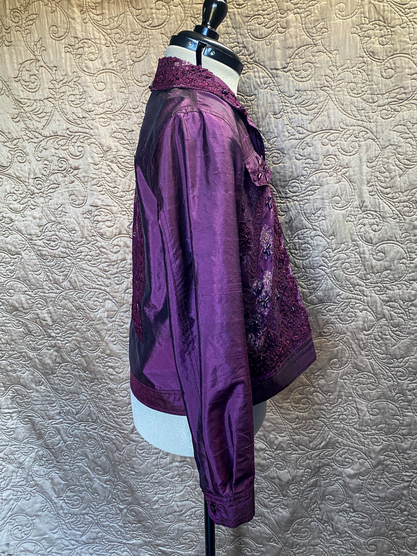Purple Jacket - Beaded Lace - Size PM - Coldwater Creek - Vintage Silk - Embellished