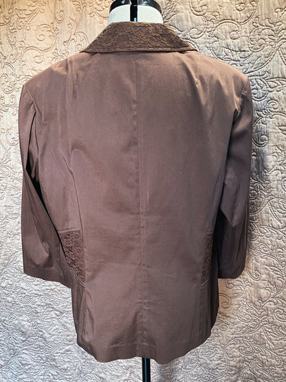 Brown Cotton Blazer - Lace Trim, Rhinestone Buttons - Women's Plus Size - XL 14/16