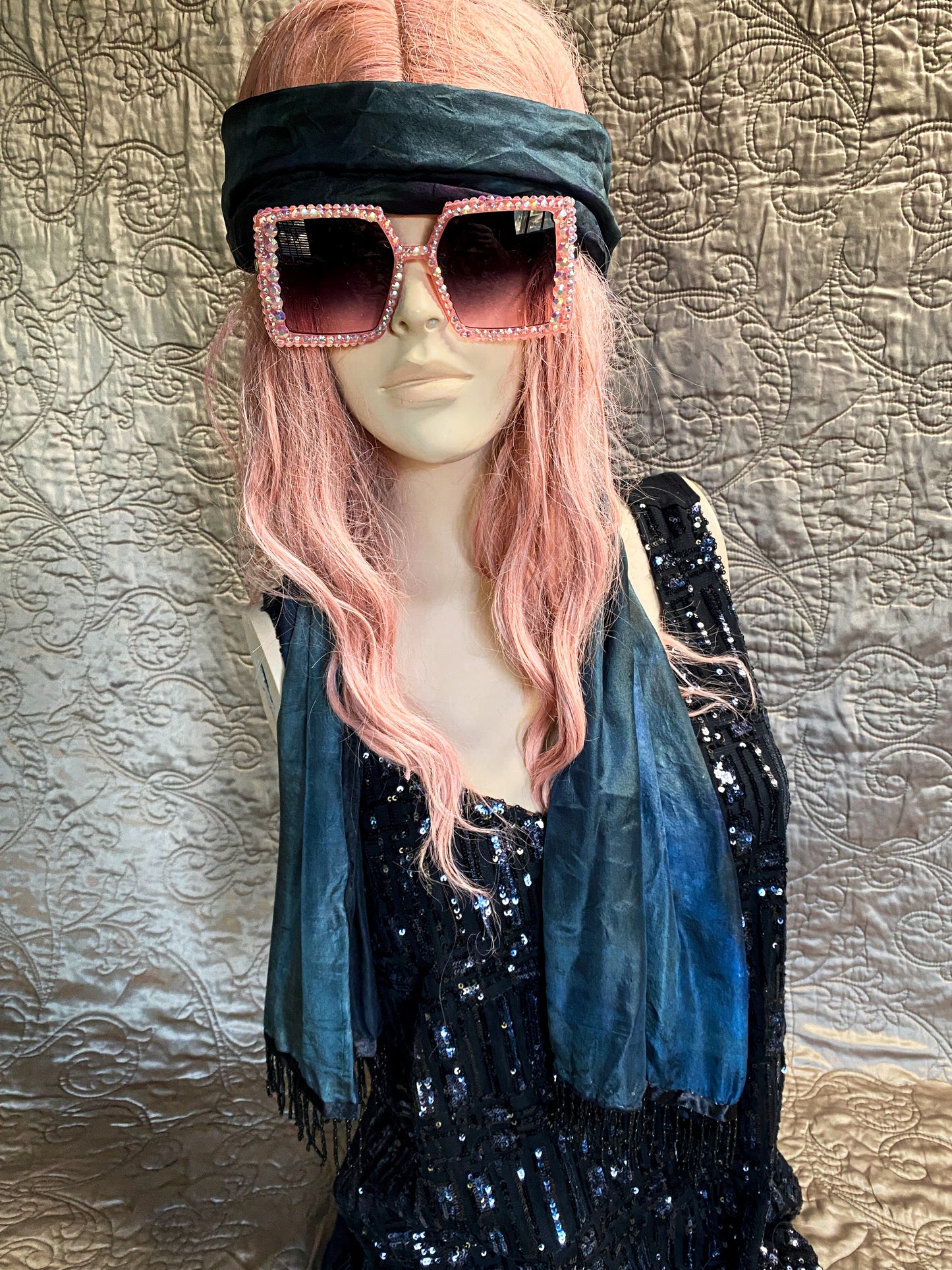 Blue, Purple And Teal Iridescent Dyed Scarf - Black Beaded Fringe - Bohemian Shawl Wrap