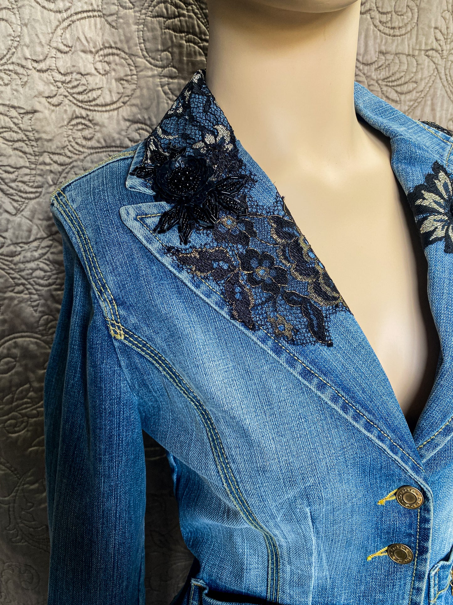 Denim Jacket with Black Lace Appliques and Long Black Lace Skirt XS