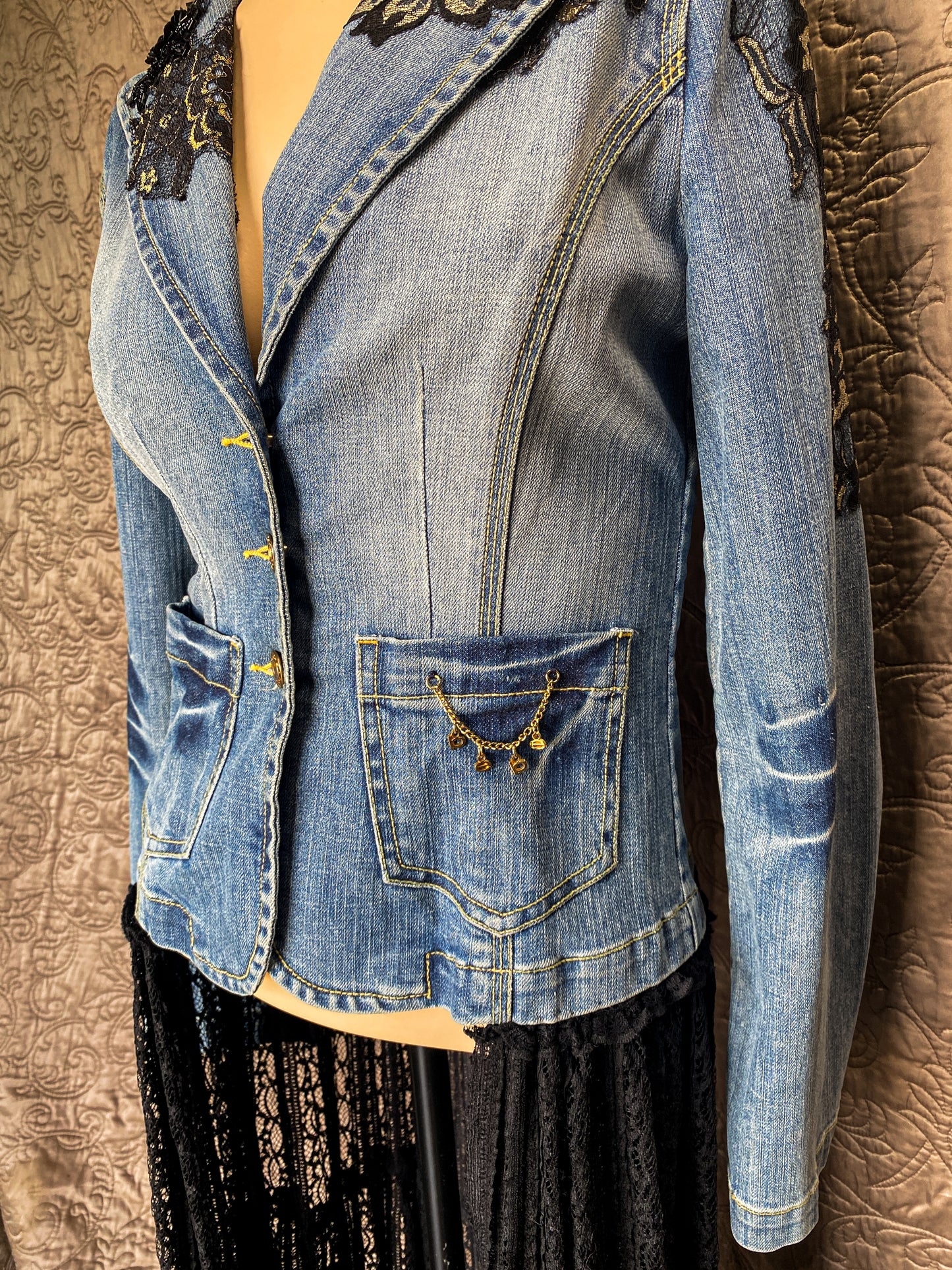 Denim Jacket with Black Lace Appliques and Long Black Lace Skirt XS