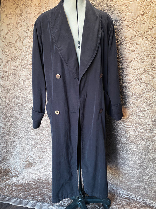 Long Black J. Gallery Trench Coat, Vintage Minimalist Style- Double Breasted, Belted Waist, Lightweight Duster, Overcoat
