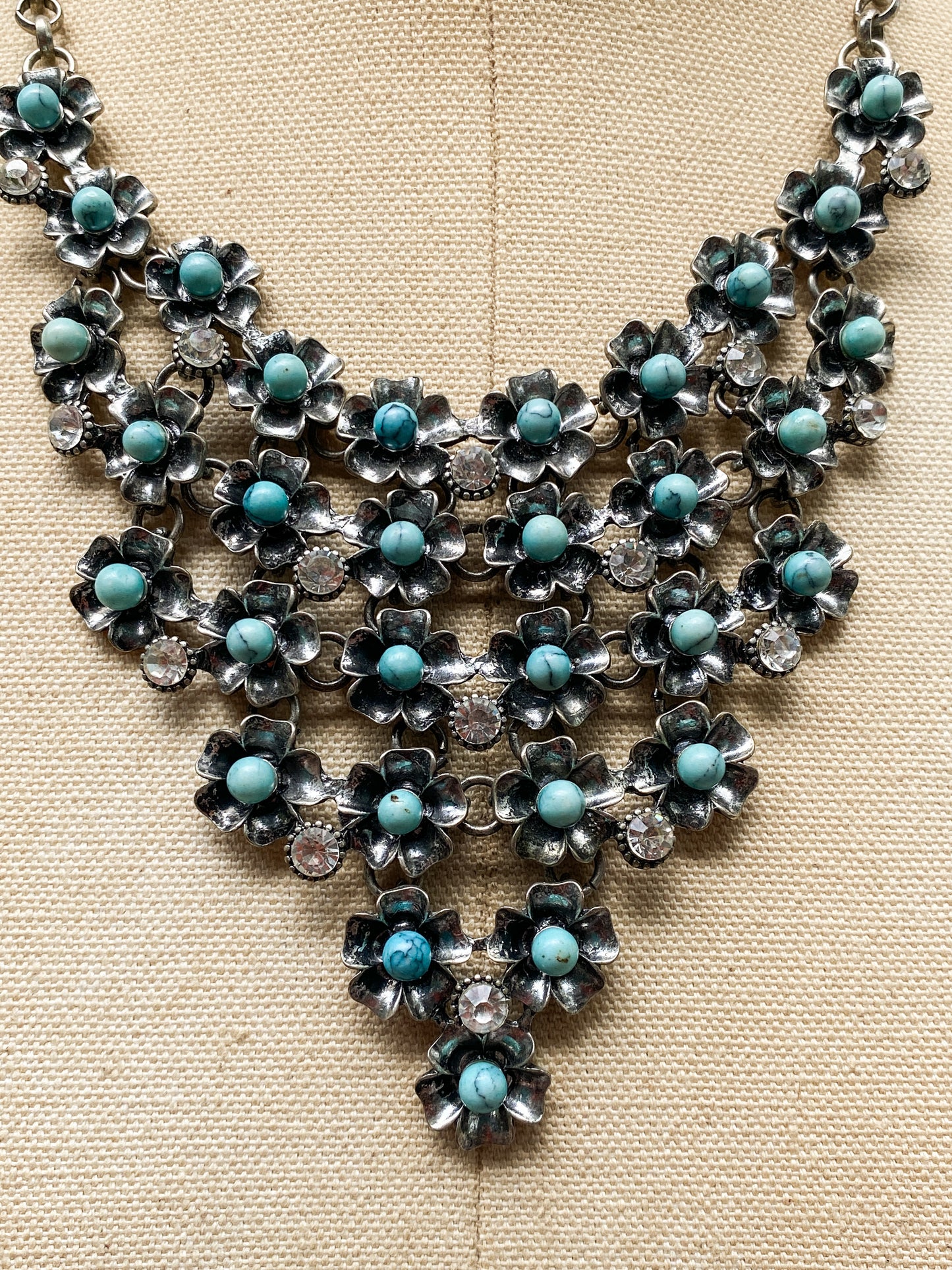 Silver Tone Faux Turquoise Floral Bib Statement Necklace - Retro Southwestern Style Rhinestone Flower Choker - Vintage Aesthetic