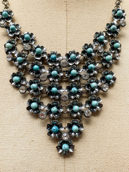 Silver Tone Faux Turquoise Floral Bib Statement Necklace - Retro Southwestern Style Rhinestone Flower Choker - Vintage Aesthetic