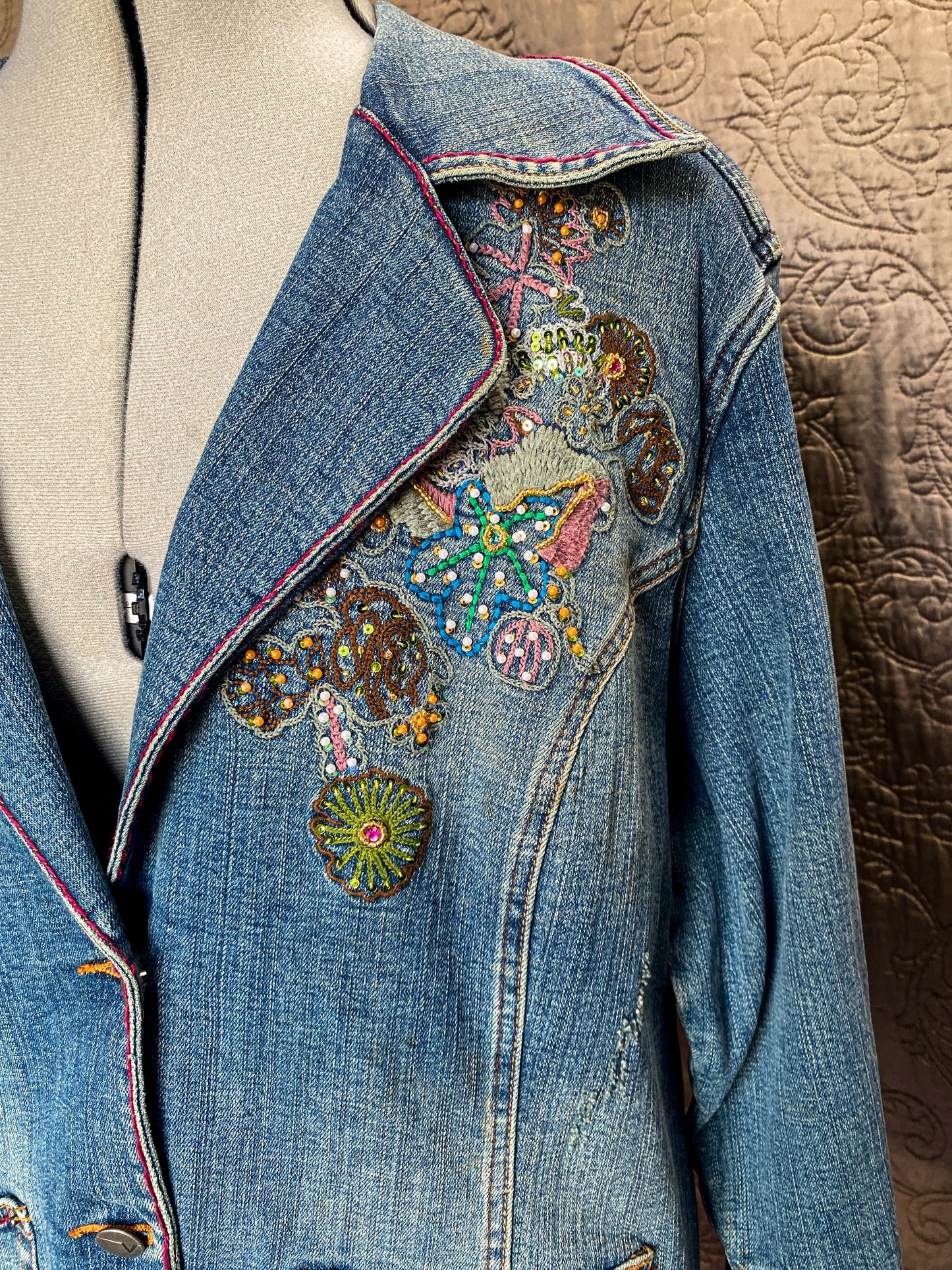 Blue + Purple Upcycled Denim Jacket with Sheer Embroidered Skirt - Boho Chic Artisan Wear - Plus Size 18/20 - Embellished - One-of-a-Kind - Floral Embroidery + Lace Trim
